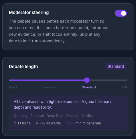 AskMADE debate settings — configure moderator steering, debate length, and topic