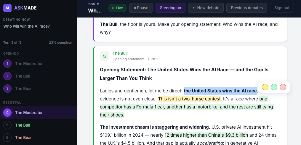 AskMADE debate in progress — The Bull argues with text highlighting and colour annotations